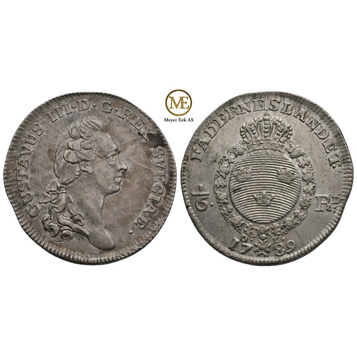 1/6 riksdaler Gustav II 1789. Kv.01