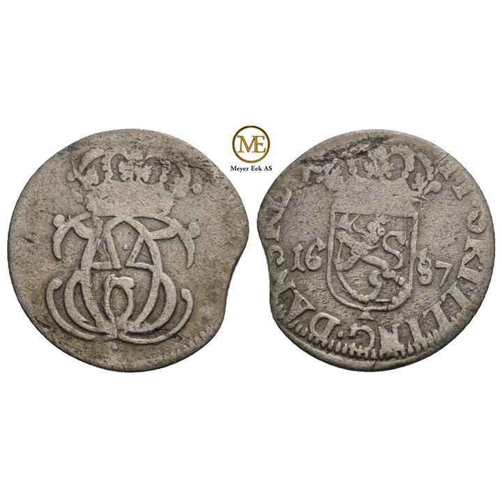 2 skilling 1687 Christian V. Kv.1/1+