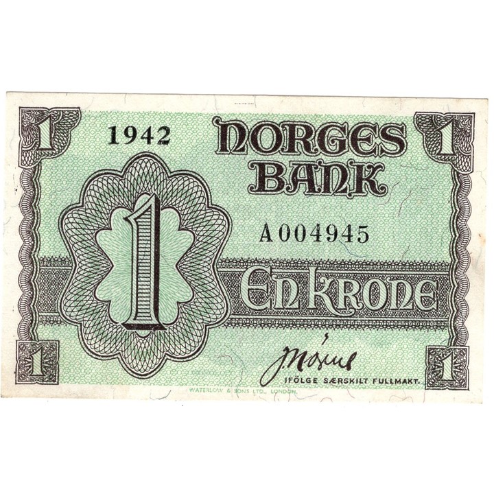 1 krone 1942 A.004945. London utg. Kv.0