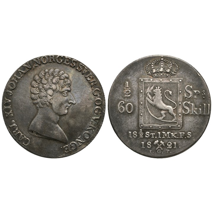 1/2 speciedaler 1821 Carl XIV Johan. Kv.1+