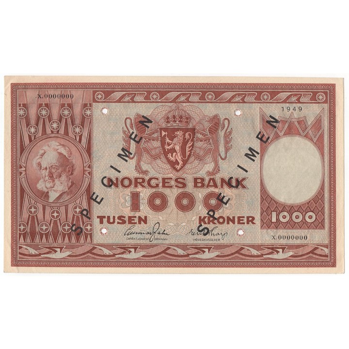 1000 kroner 1949 X.0000000. Specimen. Kv.0/01